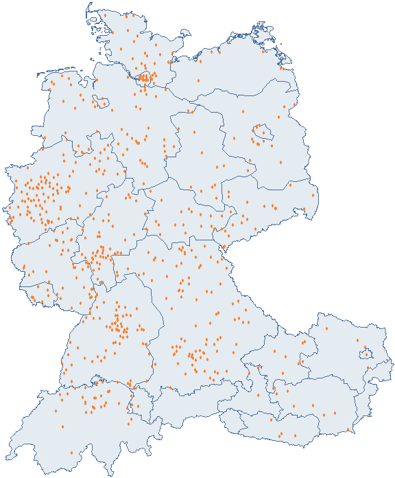 Geokarte für Flächenabdeckung der Webhoster in DE, CH und AT